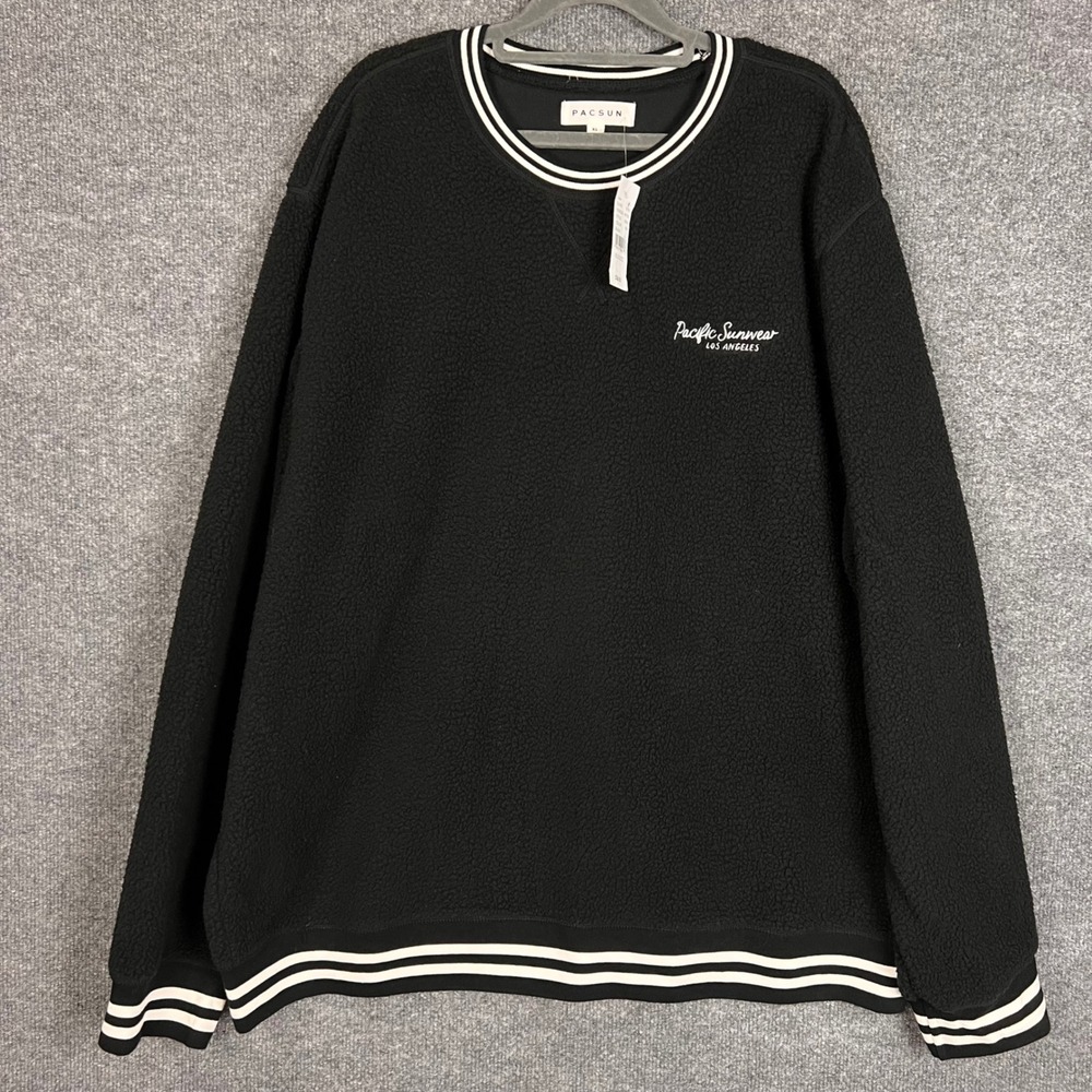 NEW PacSun Sherpa Sweatshirt Mens XL Black New Varsity Stripe Fleece Pullover